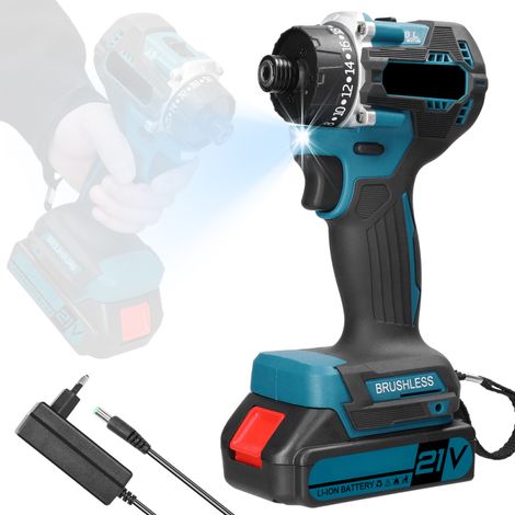 Trapano elettrico a batteria da 21 V, motore brushless, 2 velocità, rotazione avanti/indietro, 20 livelli di coppia, foratura regolabile, con indicatore LED.