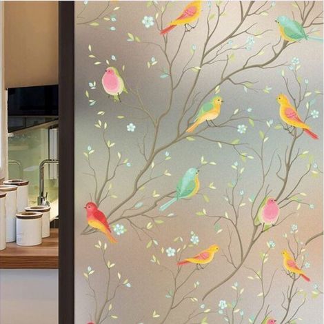 Pellicola per finestre - Pellicola statica per finestre - Pellicola per la privacy - Motivo rami e uccelli - Multicolore - PVC - 30×100 cm (1/5)