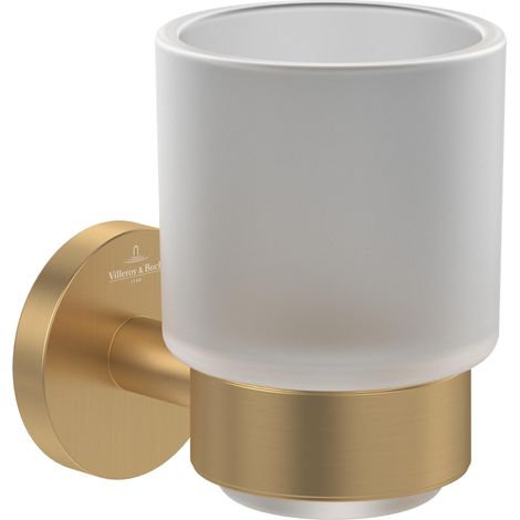Elements Tender Support pour Verre, Porte-Brosse à Dents pour Montage Mural, gobelet à Brosse à Dents en Verre satiné avec Support en Zinc, Rond, doré