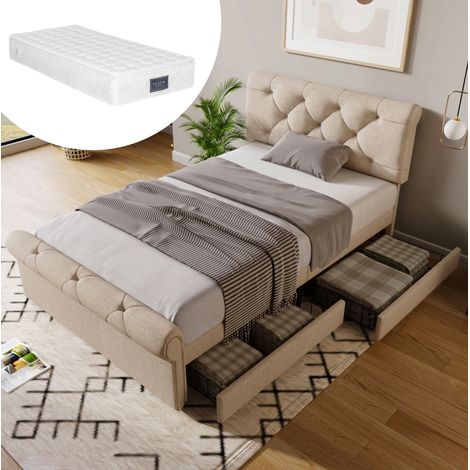 Lit coffre 90x200 2 tiroirs, tête réglable, naturel OKMYHOME (1/5)