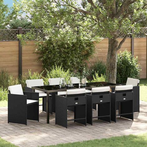 Garten Essgruppe mit Kissen 9 pcs Schwarz Poly-Rattan