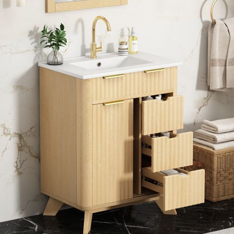 Mueble de baño con lavabo 61 cm, 3 cajones, puerta corredera, madera natural OKMYHOME (1/5)