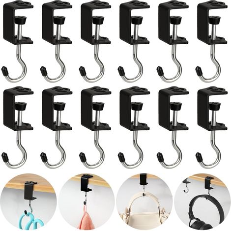 Lot de 12 crochets de bureau pour portefeuille, conception antidérapante robuste, crochets à clip réglables sous le bureau, matériau en alliage haute résistance, convient aux bureaux scolaires/de bure