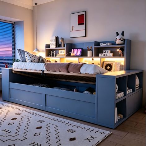Sofá cama de madera gris 90x200 cm con almacenaje hidráulico, LED, sin colchón – MEUBLIV (1/5)