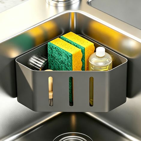 LEDANDER Porte-éponge d'angle pour évier de cuisine, en acier inoxydable 304, avec ventouses puissantes, installation sans perçage, système d'évacuation rapide pour éponges, brosses et savon. (1/5)