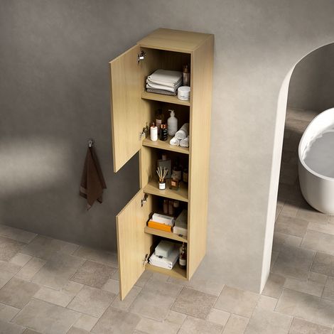Mobile Bagno Multiuso 160x35x35 cm, Design Stretto, con 2 Ante e Vano Aperto, Compensato, Naturale, per Soggiorno, Lavanderia
