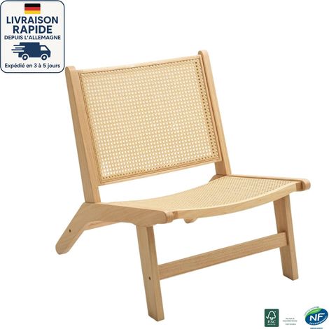 Sillón de ratán - Sillón de salón de madera - Sin brazos - Respaldo de ratán - Estructura de madera - Fácil montaje - Madera certificada PEFC - Madera natural (1/5)