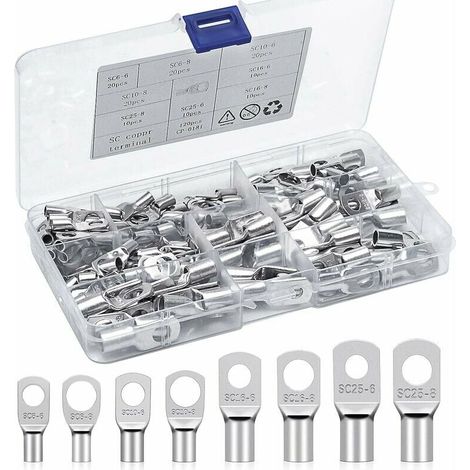 Cosse à Sertir Kits Cosses Electriques 6mm² 10mm² 16mm² 25mm² Cosses de Câble à Anneau Bornes en Cuivre Etamé Connecteurs SC pour Batterie Voitures, Automobile, Motos(120Pcs) (1/5)