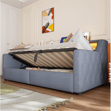 Letto contenitore 90 x 200 cm con LED, porte USB e USB-C, tessuto lino grigio HAVRYA (1/5)