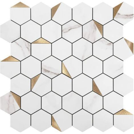 Selbstklebende Fliesenaufkleber, hexagonales Muster, weiß, 30 x 30 cm, Mosaik-Stil, Wandaufkleber, wasserdichte Dekorfolie für Badezimmer- und Küchenwandfliesen