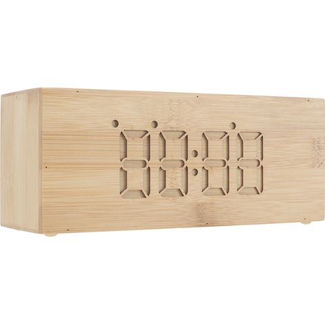Réveil multifonctionnel en bois avec thermomètre, chargement sans fil, affichage numérique de l'heure et de la date par LED, idéal pour une table de chevet. (1/5)