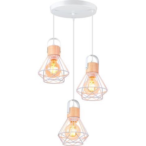 3 Lumières Suspension Luminaire Rétro Lampe À Suspension Vintage Plafonnier D'Intérieur Moderne En Métal Et En Bois Blanc