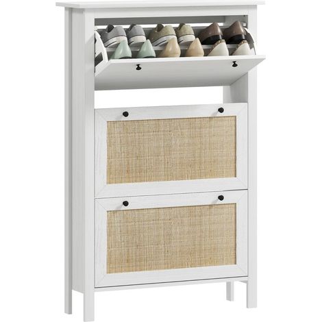 Meuble à Chaussures Armoire avec 3 Portes à Abattant et Effet Cannage Rotin, Étagère Intégrée en Bois Massif pour un Rangement Élégant dans l'Entrée, 80 x 23.5 x 121.5 cm ,Blanc (1/5)