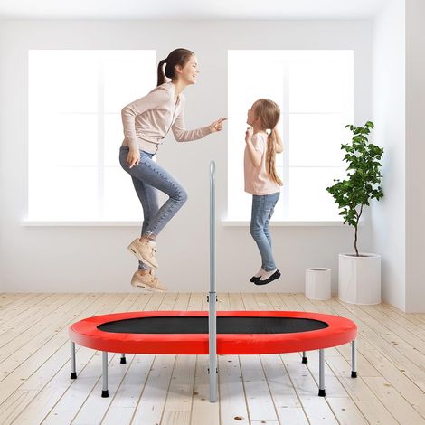 COSTWAY 2 Personen Trampolin mit hoehenverstellbarm Haltegriff, Mini Trampolin bis 150kg belastbar, Kindertrampolin klappbar, Gartentrampolin für Kinder und Erwachsene Rot (1/5)