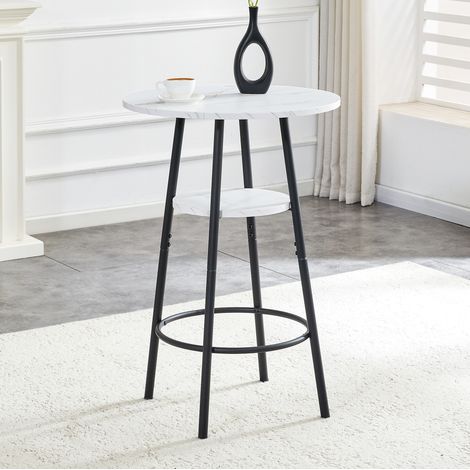 Tavolo alto rotondo 60 cm H89 cm con doppio vano contenitore, effetto marmo bianco, MDF e metallo nero (1/5)