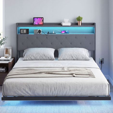 Cadre de lit 160 x 200 cm avec sommier acier. lit 2 personnes flottant avec lumières LED RGB et station de charge. gris