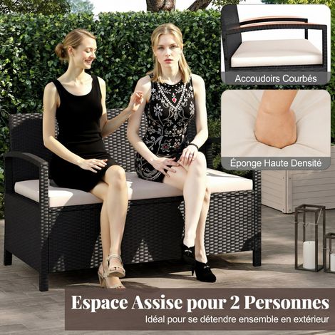 Banc de Jardin 2 Places en Rotin PE Beige, Banc Rangement avec Coffre 160L sous Assise, Coussin Confortable, Structure Robuste Charge 360 kg, Dimensions 129 x 61 x 77 cm (1/5)