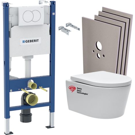 Pack Bati-support Geberit 112cm + Cuvette Swiss Aqua Technologies sans bride + Plaque blanche + Set habillage (SATrimlessGeb3-sa