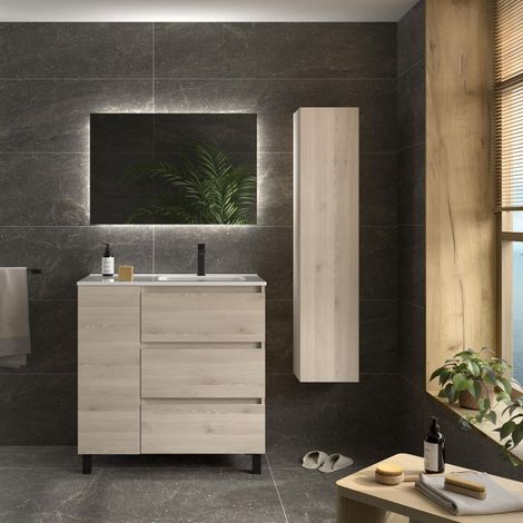 Meuble de salle de bain BEQUIA PLUS 3C 90cm Naturel Vasque Porcelaine Robinet à droite 1P (1/5)