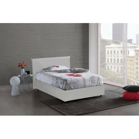 Dmora - Cama de plaza y media Dacero, Cama contenedor con tapizado en ecopiel, 100% Made in Italy, Apertura frontal, adecuado para colchón Cm 120x200, Blanco (1/3)
