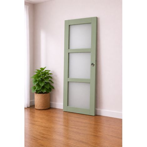 Porte Coulissante Vert Sauge Ral 6021 Vitrée H204 X L83 Cm, Coquilles, Tire Doigt Gd Menuiseries (1/3)