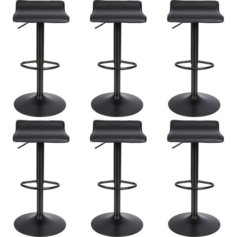 Tabouret de bar, Lot de 6, 360 degrés rotatif, Avec repose-pieds, Tabouret pivotant, Hauteur réglable : 55-75 cm, Siège en cuir dur, Noir (1/5)