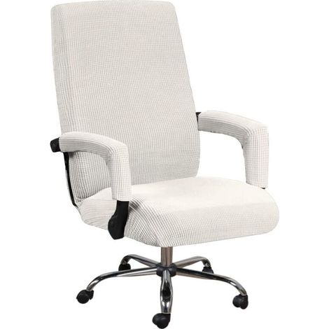 Housse De Chaise De Bureau Avec Accoudoirs En Lycra Jacquard Antidérapant Souple Et Extensible Lavable En Machine, Polyester, (Grand, Blanc ) (1/3)