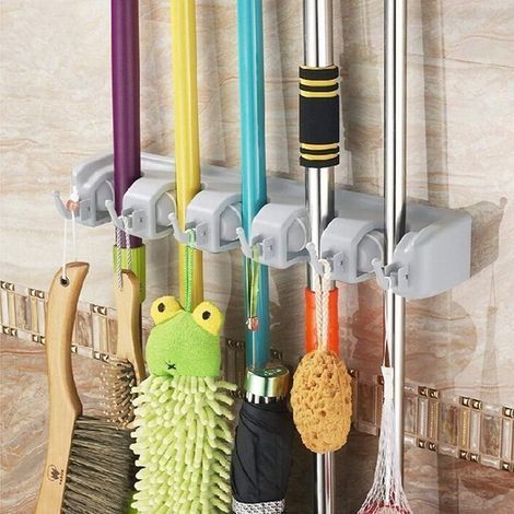 Mop and Broom Holder/Broom Hook/Storage Rack/Magic Holder, 5 Positions with 6 Hooks, Compact & Clean Design Wall Organizer (1/3)