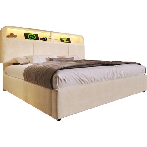 Lit rembourré double 160x200 cm avec tête de lit de rangement réglable en hauteur, lit hydraulique avec éclairage LED et station de charge USB/Type-C, velours beige, avec sommier à lattes (sans matela (1/5)