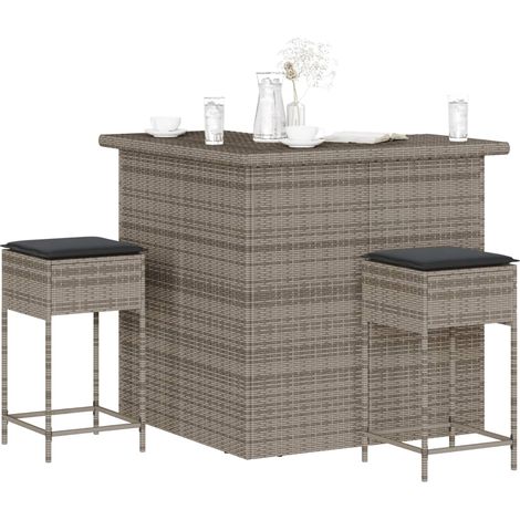 3-tlg. Gartenbar-Set mit Kissen Grau Poly Rattan
