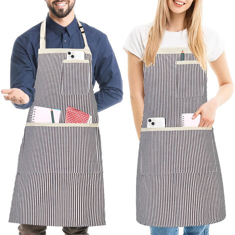2 Pièces Tablier de Cuisine à Rayures avec 3 Poches pour Homme et Femme (1/5)