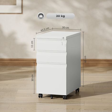 3-Drawer Steel Filing Cabinet with Lock and Wheels - White