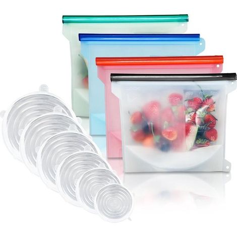 Couvercles extensibles en silicone - Couvercles pour la conservation des aliments - Sachets de conservation en silicone 1000 ml - Lavables - Réutilisables - Durables - Lot - Résistants à la chaleur - (1/5)
