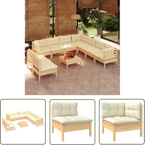 The Living Store 10-tlg. Garten-Lounge-Set mit Creme Kissen Massivholz Kiefer - Gartensessel - Lounge Set - Gartenmöbel - Outdoor Möbel - Rattan Sessel (1/5)