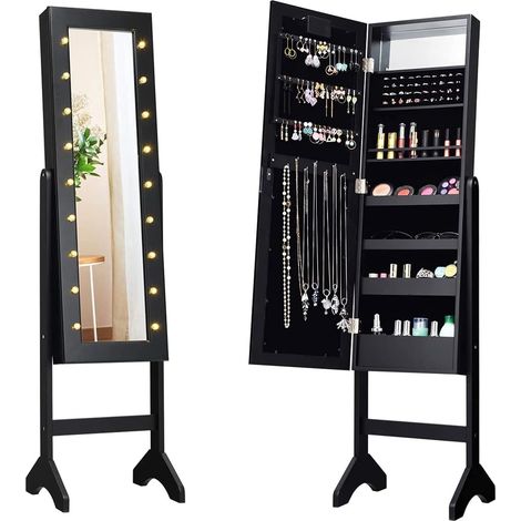 Goplus – Armoire à bijoux sur pied avec miroir plein longueur – Verrouillable avec lumière LED – 4 étagères – MDF noir – 35x31,5x145cm