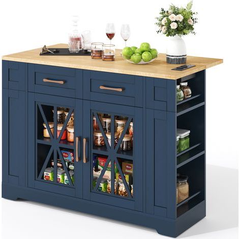 Buffet de cuisine 120x65x92 cm avec table à manger rabattable et porte vitrée, Îlot de cuisine avec prise secteur, port USB, Bleu