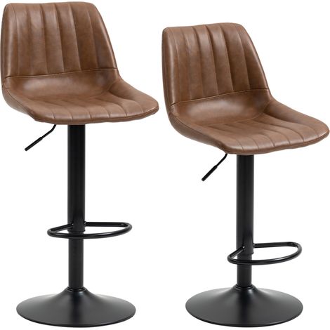Lot de 2 tabourets de bar réglables en hauteur en similicuir marron avec repose-pieds en acier pour cuisine et bar (1/5)