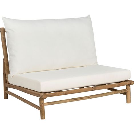 Silla baja de exterior e interior con cojines madera de bambú con respaldo mobiliario de interior exterior jardín claro y blanco Todi