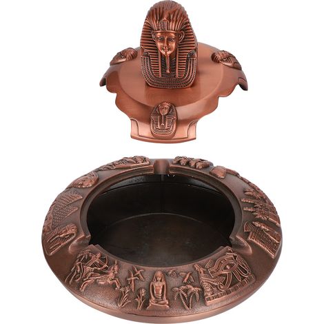 Cendrier en métal avec couvercle, rétro en alliage de zinc, objet décoratif original en forme de pharaon égyptien (couleur cuivrée)