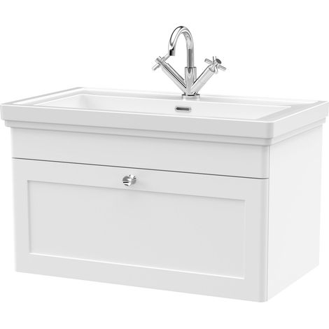Balterley Swynnerton Traditional Bathroom Wall Hung 1-Drawer Vanity Unit & Fireclay Basin, Satin White, 800mm (1/5)