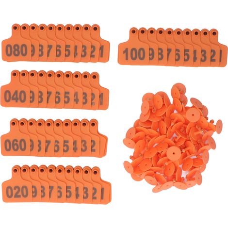 Boucles d'oreilles épaisses pour animaux, numérotées de 01 à 100, identification facile, en plastique, pour bovins, chèvres et porcs, orange avec étiquette pour vache. (1/5)