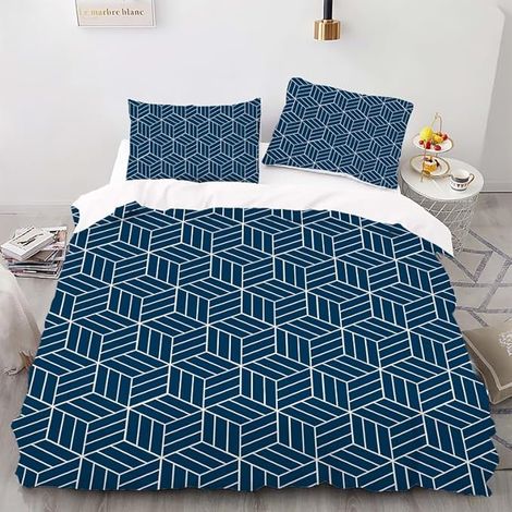 Duvet Cover 160 x 200 cm, Blue Grid Microfibre Bedding Set with Zip, Duvet Cover, Soft Printed Bedding Set with 2 Pillowcases (1/5)
