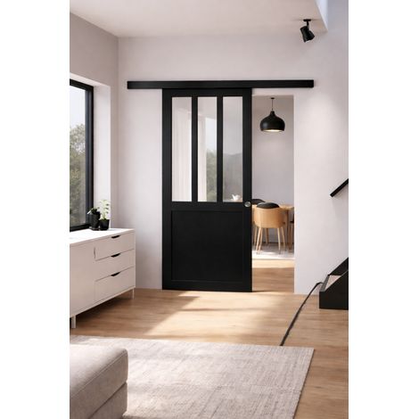 Officina per porte scorrevoli Vetro trasparente rivestito nero H204 x L83 + binario nero + 2 gusci installati