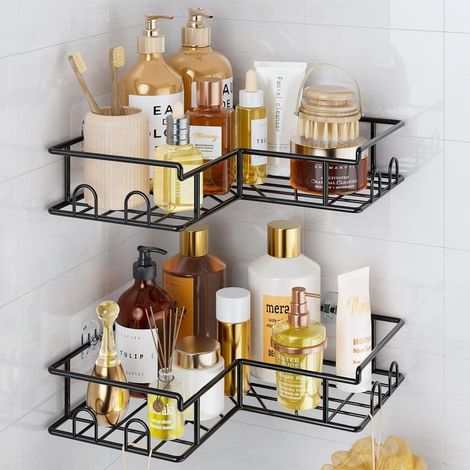 2 Stück – Duschablage – Badezimmeraufbewahrung – Selbstklebende Montage ohne Bohren – Rostfreier Stahl mit Haken – Für Wandecken – Schwarz – 25 x 25 cm und 30 x 30 cm (1/5)