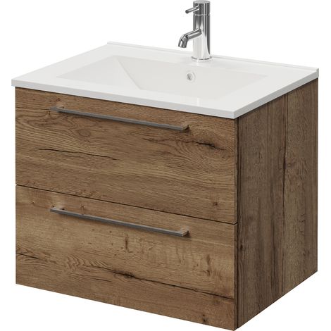 Napoli 460 Tobacco Oak 600mm Wall Mounted 2 Drawer Vanity Unit with Angel Basin - 600mm - Chrome 320mm Handle