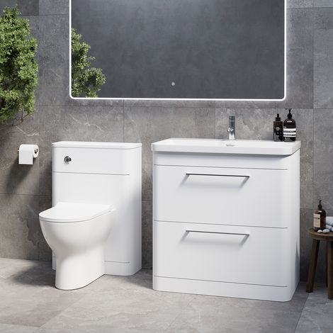 Oslo Gloss White 1350mm Wall Mounted Vanity Unit Toilet Suite with Fina Basin - 1350mm - Chrome 320mm HandleWith Jubilee Toilet Pan and Seat