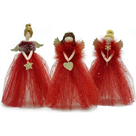 Set di 3 Angeli fatine Rosse 30 cm decorazioni per Albero di Natale vestito in Tulle con Brillantini Oro Piume ali dorate cuore stella e fiocco di Neve addobbo Natalizio Elegante Centrotavola (1/5)