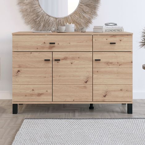 Aparador Jerico, Armario 3 Estantes, 2 Cajones, 4 Compartimentos, 116x35x78h cm Roble Marrón Nodoso (1/5)