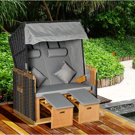 Sillón de playa reclinable (118x79x160 cm), respaldo regulable, reposapiés extraíbles, madera, gris claro (1/5)
