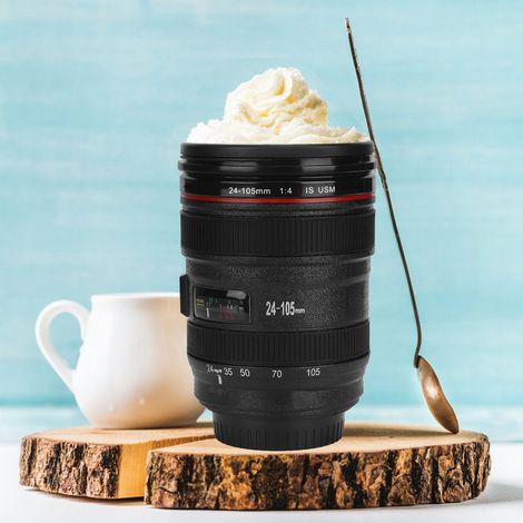Tragbarer Becher für Kaffee, Tee und andere Getränke, Reisebecher im Design eines 24-105-mm-Kameraobjektivs aus schwarzem ABS-Kunststoff, 400 ml Fassungsvermögen mit Deckel, originelles und vielseitig (1/5)